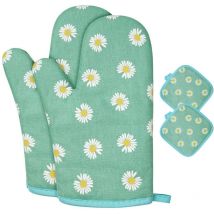 Gants de Four, 1 Paire Gants de Cuisine Coton avec 2 Maniques Cuisine, Lavable Gant Cuisine Four, Gants de Cuisine Antidérapants, Gant Cuisine Anti
