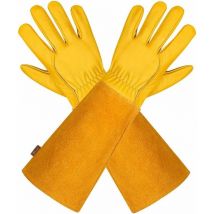 Jaune L)Gants de Jardinage en Cuir Respirant pour Homme et Femme avec Gant Anti-épine, Manches Longues en Cuir de Vache pour Jardinier et Fermier