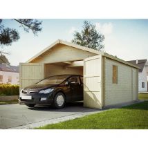 Garage Bois newport Double Porte en Bois 19,2m2 - Epaisseur des Madriers : 44mm - Toit Double Pente - Porte de Service - Abris Voiture