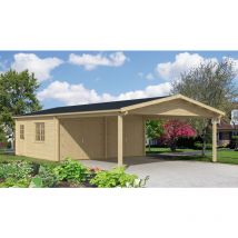 Alpholz - Garage double avec carport Falun-70 iso Naturel , 70 mm Épaisseur de paroi 595 x 1.076 cm