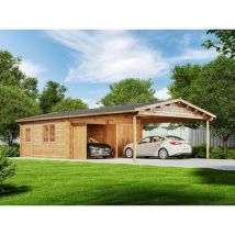 Alpholz - Garage double avec carport Falun-70 iso Marron Imprégné, 70 mm Épaisseur de paroi 595 x 1.076 cm