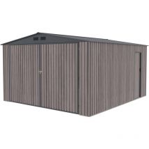 Gardiun - Garaje Metálico Surrey 15,96 m2 380x420x232 cm 1 Coche Doble Puerta Abatible, Puerta Lateral y Respideros Efecto Madera