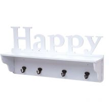 Garderobe murale HHG-807 Happy, planche vestiaire, étagère, 4 crochets massifs 30x60x13cm, blanc