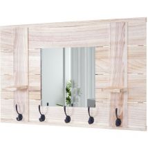 Garderobe murale HW C-C89 avec miroir, planche vestiaire, vintage, 5 crochets 90x60cm - brun naturel