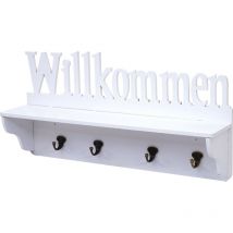 Mendler - Garderobe murale HWC-D41 Willkommen, planche vestiaire, étagère, 4 crochets massifs 30x60x13cm - blanc