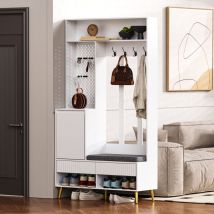 Flurgarderobe Mit 1 Tür, 2 Schubladen, 4 Haken Und Sitzbank, Lochplatte, Aus Mdf, 100×35×180 Cm, Weiß