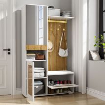 Garderobenmöbel, Flurmöbel-set Mit Spiegel, 5 Goldenen Haken, Schuhregal, Bank, Stauraum Oben Und 16-farbiger Led-beleuchtung