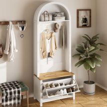 Garderobenmöbel Mit Haken, Ablage Und Schuhfach, Aus Mdf, Weiß Und Holz, 75×35×195 Cm