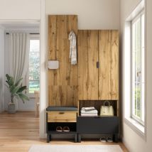 Garderobenset mit Schuhbank und Kissen,Schubladen und verstellbaren Einlegeböden in Naturel