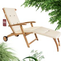 Sonnenliege mit Auflage Teak Holz Gartenliege mit Rollen Deckchair Liegestuhl Klappbar Wetterfest Garten Creme - Garland