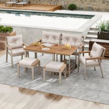 Garten-essgruppe Aus Akazienholz Und Metall, Beige/natur, 6-7-sitzer Mit Sofa, 2 Stühlen, 2 Hockern, Tisch Und Servierwagen