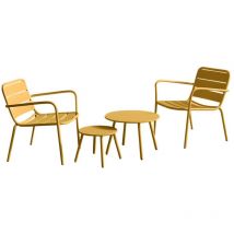 Garten-Sitzgruppe: 2 niedrige, stapelbare Sessel + Beistelltische - Metall - Senfgelb - MIRMANDE von MYLIA
