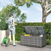 Gartenbox Mit Deckel Und Gasdruckfedern, Stauraumbox Und Beistelltisch, Rattan, Dunkelgrau, 130 X 61 X 65 Cm