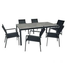 Capaldo Gartenmöbel-Set 7-teilig – Ausziehbarer Tisch aus Aluminium und Stahl mit Glasplatte – 6 stapelbare Stühle – wetterfest und elegant