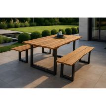 Gartengruppe 3tlg Gartentisch Teak 220 X 100 Cm U-gestell Schwarz Mit 2 Gartenbänken Bogota