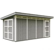 Timbela - Gartenhaus Premium Qualität 8.52+2.95 m² - L279xW530cm -All-Inclusive-Set mit Boden, Bitumen-Dachziegeln, Farbset- lp Smartside M905C