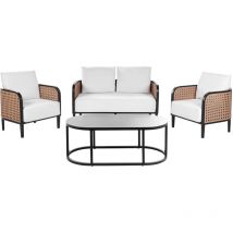 Gartenlounge Set mit Tisch 4-Sitzer Schwarz Aluminium Auflagen Cremeweiß Wiener Geflecht Modern Terrasse Balkon Outdoor Gartenzubehör