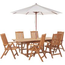 Gartenmöbel Set mit Sonnenschirm Hellbraun Akazienholz 6-Sitzer 8-teilig Ausziehbarer Tisch Outdoor Garten Terrasse Balkon Ausstattung Möbel