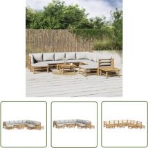 The Living Store 12-tlg. Garten-Lounge-Set mit Hellgrauen Kissen Bambus - Bambus Möbel - Gartenmöbel - Lounge Set - Esstisch - Sofa