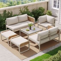 Gartenmöbel-set Mit 2 Sofas, 1 Eckelement, 2 Hockern Und 1 Tisch, Mit Kissen Und Verstellbaren Füßen, Für Terrasse, Metall Und Rattan, Beige