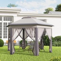 Gartenpavillon Sechseckig Aus Metall, Coffee, Wasser- Und Uv-beständig, Mit Mesh-seitenwänden, 405x340x285 Cm