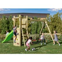 Fungoo Spielturm 'Funny 3', natur, mit Doppelschaukel, Rutsche und Kletterwand