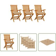 The Living Store Gartenstühle mit Beigen Kissen 3 Stk. Massivholz Teak - Gartenstühle - Teakholzmöbel - Outdoormöbel - Gartenmöbelset - Klappbarer