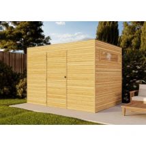 Gartentiger - Alpholz Gerätehaus qb (optional mit Schleppdach Gartenhaus aus Holz in Grün, Holzhaus mit 28 mm Wandstärke, Blockbohlenhaus mit