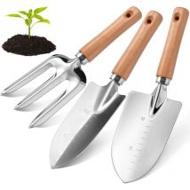 Tigrezy - Gartenwerkzeug-Set mit Holzgriff, Aluminium-Skalenschaufel, Handgabel, Umpflanzschaufel mit Skala, 3-teiliges robustes Handwerkzeug-Set zum
