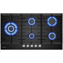 Gasland Placa de gas natural/butano/propano empotrable, Cristal templado - GH2905BG1FC - 5 hogares - 10400W - Con soportes para Wok/Moka