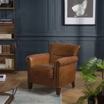 Macabane - gaston - Fauteuil marron verone vintage cuir pieds bois avec roulettes