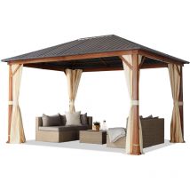 Gazebo da giardino 3x4 m look legno, tetto Hardtop in acciaio, 4 teli laterali color crema