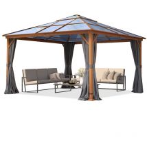 Gazebo da giardino 4x4 m look quercia, tetto ca. 8mm policarbonato, 4 teli laterali color grigio