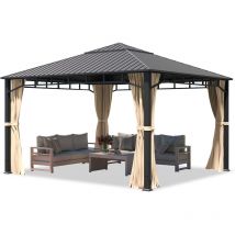 Toolport - Gazebo da giardino 4x4 m tetto hardtop in acciaio 4 teli laterali color crema, profilo ca. 90x90 mm