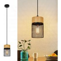 ZMH - gbly Hängelampe Vintage Pendelleuchte Esstisch: 1 Flammig Hängeleuchte Schwarz Gitter Holzmaserung Wohnzimmer Esszimmerlampe Industrial E27
