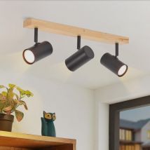 Plafonnier noir à 3 spots en bois et métal rétro moderne avec douilles GU10, orientables à 350° pour éclairer différentes zones du salon, de la
