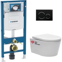 Pack wc Bati-support Geberit avec Cuvette sat rimless fixation invisible + Abattant softclose + Plaque Noir chrome GebSATrimless