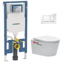 Pack WC Bati-support Geberit UP720 extra-plat + WC SAT sans bride + Abattant softclose + Plaque blanche (SLIM-SATrimless-H)