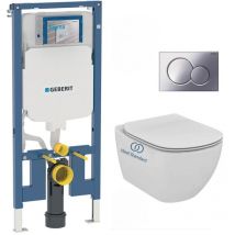Pack wc Bati-support Geberit extra-plat UP720 + wc Ideal Standard Tesi Aquablade + Abattant softclose + Plaque Chrome
