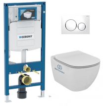 Pack WC Bati Geberit Duofix + Cuvette Ideal Standard Tesi Aquablade + Plaque de commande Sigma20 Blanc chrome + bati support
