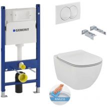 Geberit - Toilet set Duofix frame + Tesi Aquablade rimless wc + slim softclose seat + White flush plate + Sound insulation (TesiGeb3SET)