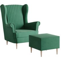 Gepolsterter Samtsessel - Loungesessel - Samtsessel für Wohnzimmer oder Schlafzimmer - Sessel mit Hocker - Grün (Manila 35)