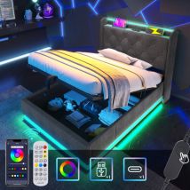 Gepolstertes Einzelbett, led 360 Surround-Funktion, Tasten/App/Fernbedienung, 90x200 cm, grauer Leinenstoff, hydraulisches Stauraumbett, gepolstertes