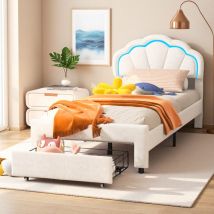 Gepolstertes Kinderbett, Einzelbett 90x200cm, Blumenkopfteil Mit Led, Mit Schublade, Bettgestell Für Jungen Und Mädchen, Samtstoff