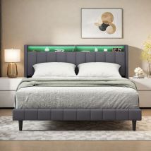 Gepolstertes Plattformbett, 140x200cm, Jugendbettrahmen, Doppelbettrahmen, Kopfteil mit Stauraum, Erwachsenenbetten, Leinen, Grau