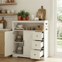 Geräumiges Sideboard, Aufbewahrungsschrank Aus Holz In Weiß, Mit 3 Schubladen, 2 Türen Und Offenem Fach, Moderner Skandinavischer Stil, Weiß Mit 