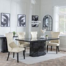Naples Black Marble Dining Set - Mimi Cream Leather Dining Chair 160cm Table with 4 Chairs