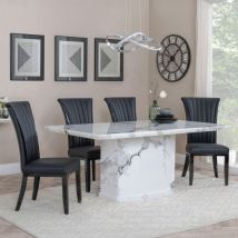 Naples White Marble Dining Set - Carmela Black Leather Dining Chair 160cm Table with 6 Chairs