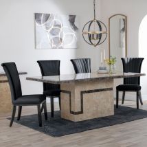 Venice Cream Marble Dining Set - Cadiz Black Leather Dining Chair 160cm Table with 6 Chairs