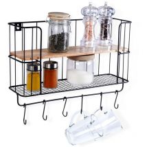 Industrial wall mounted shelf with hooks and wooden plate 82393393 82393393 82393393 82393393 82393393